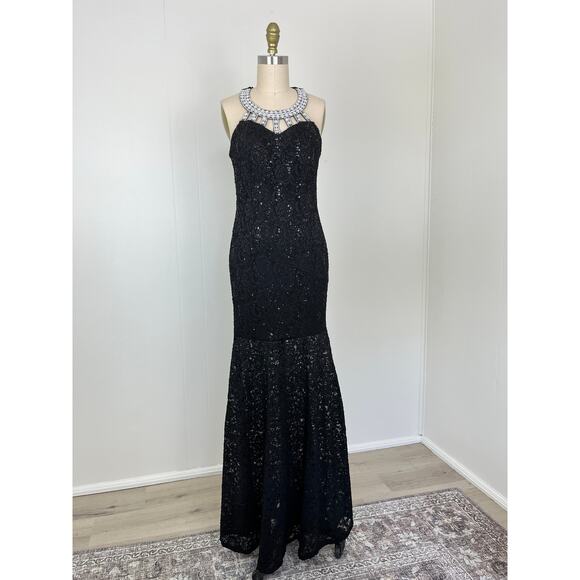 Vintage 90s Y2K Black Lace Maxi Dress Gown Medium Beaded Rhinestone Mermaid Hem - Picture 2 of 16